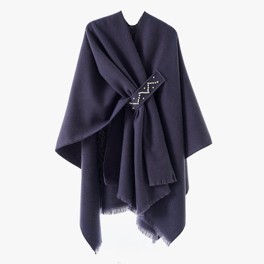 Damen Eleganter Wickel-Umhang aus Wollmischung mit Taillenschärpe und Fransensaum Shop Nory