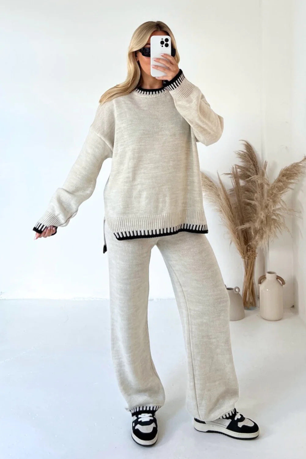 Damen nan lässiger Strick-Hausanzug mit Oversize-Pullover und weiter Strickhose Shop Nory