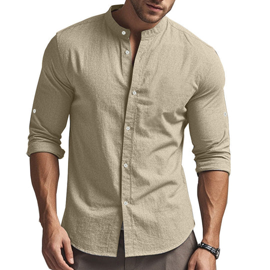 Herren Langarm-Hemd mit modernem Henley-Kragen und kontrastierenden Knopfdetails
