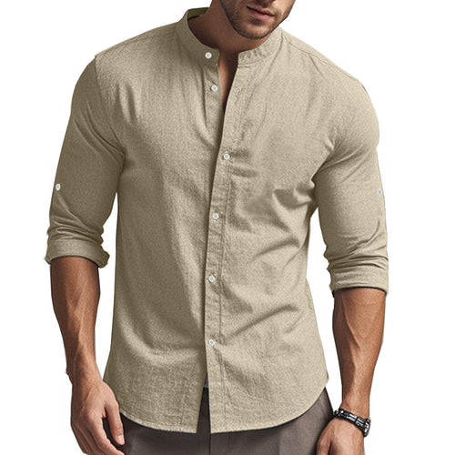 Herren Langarm-Hemd mit modernem Henley-Kragen und kontrastierenden Knopfdetails