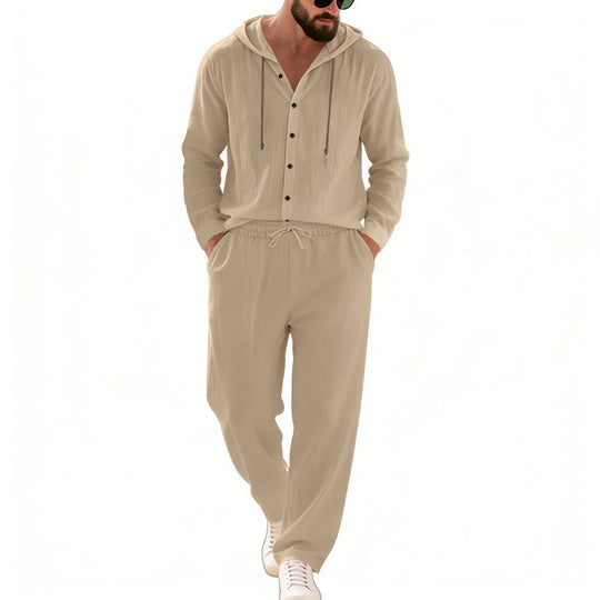 Herren nan legeres Kapuzen-Lounge-Set mit Knopfleiste, Kordelbundhose und seitlichen Eingrifftaschen Shop Nory