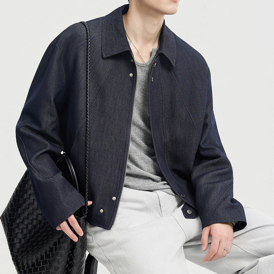 Herren Boxy-Jeansjacke im Minimalstil mit Hemdkragen und verdeckter Druckknopfblende Shop Nory