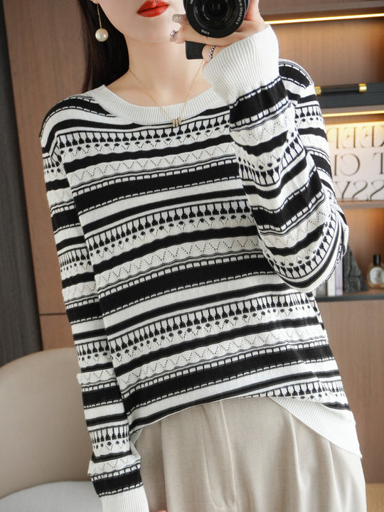 Damen Leichter Rundhals-Feinstrickpullover mit geometrischem Ajourstreifenmuster Shop Nory