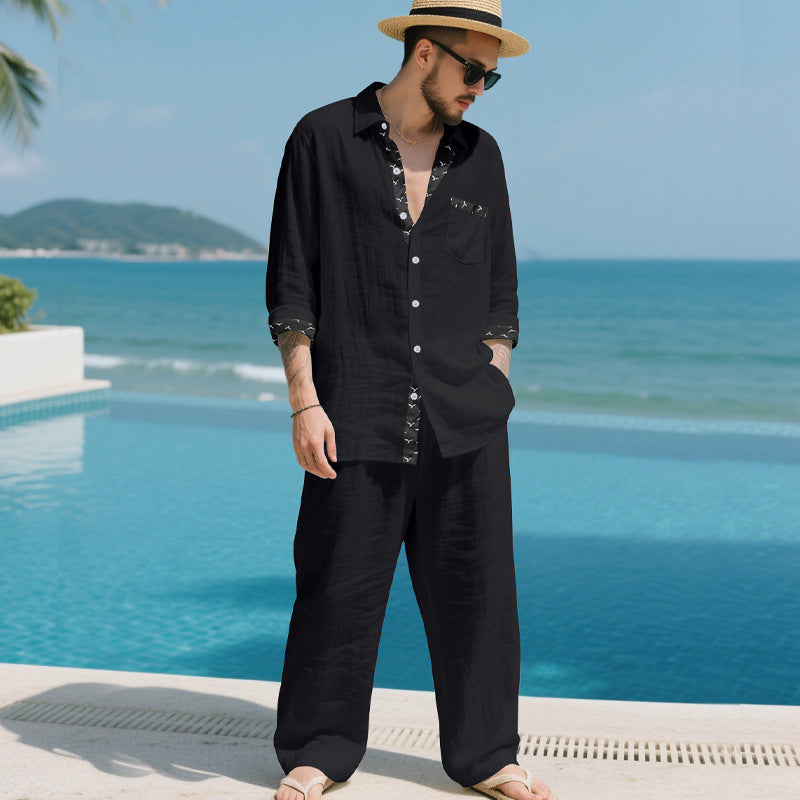 Herren Leinenoptik-Loungewear-Set mit Kordelzughose und offenem Hemdjacke Shop Nory
