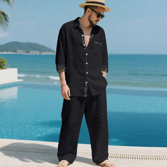 Herren Leinenoptik-Loungewear-Set mit Kordelzughose und offenem Hemdjacke Shop Nory