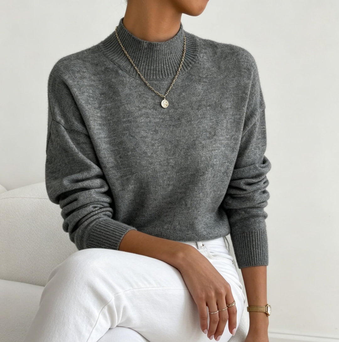 Damen kuscheliger Feinstrickpullover mit Stehkragen und überschnittener Schulter Shop Nory