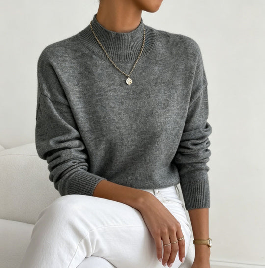 Damen kuscheliger Feinstrickpullover mit Stehkragen und überschnittener Schulter Shop Nory