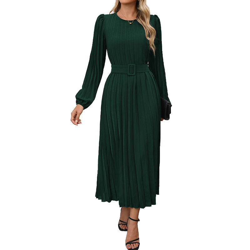 Damen Plissiertes Midikleid mit Taillengürtel, Puffärmeln und Rundhalsausschnitt Shop Nory