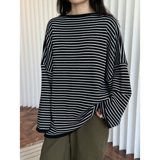 Damen gestreifter Oversize-Strickpullover mit kurzem Stehkragen Shop Nory