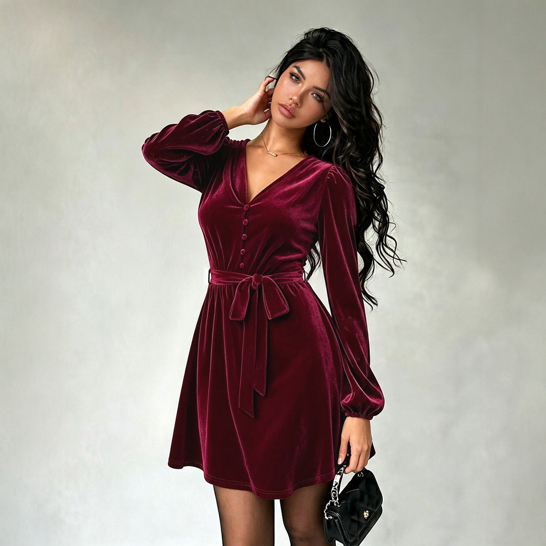 Damen elegantes Samt-Minikleid mit V-Ausschnitt Knopfleiste Ballonärmeln und Taillengürtel Shop Nory