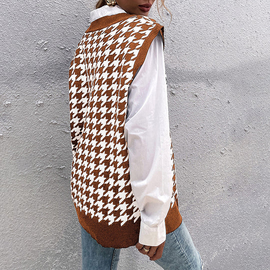 Damen Oversize Strickweste mit Hahnentritt‑Muster und tiefem V‑Ausschnitt Shop Nory