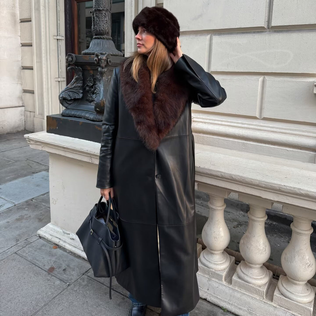 Damen Langer Ledermantel mit abnehmbarem Fellkragen und minimalistischer Silhouette Shop Nory