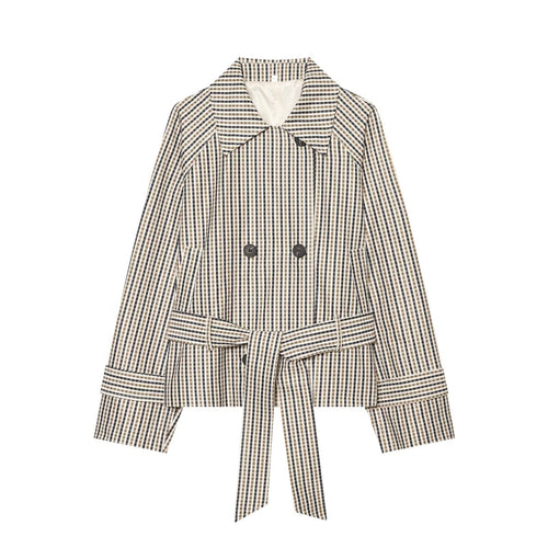 Damen Kurze taillierte Doppelreihige Trenchjacke mit Karo‑Muster und Bindegürtel Shop Nory