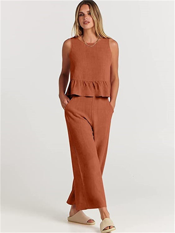 Damen Zweiteiler-Set mit schickem Peplum-Oberteil und weit geschnittenen Hosen