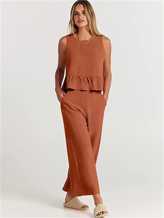 Damen Zweiteiler-Set mit schickem Peplum-Oberteil und weit geschnittenen Hosen