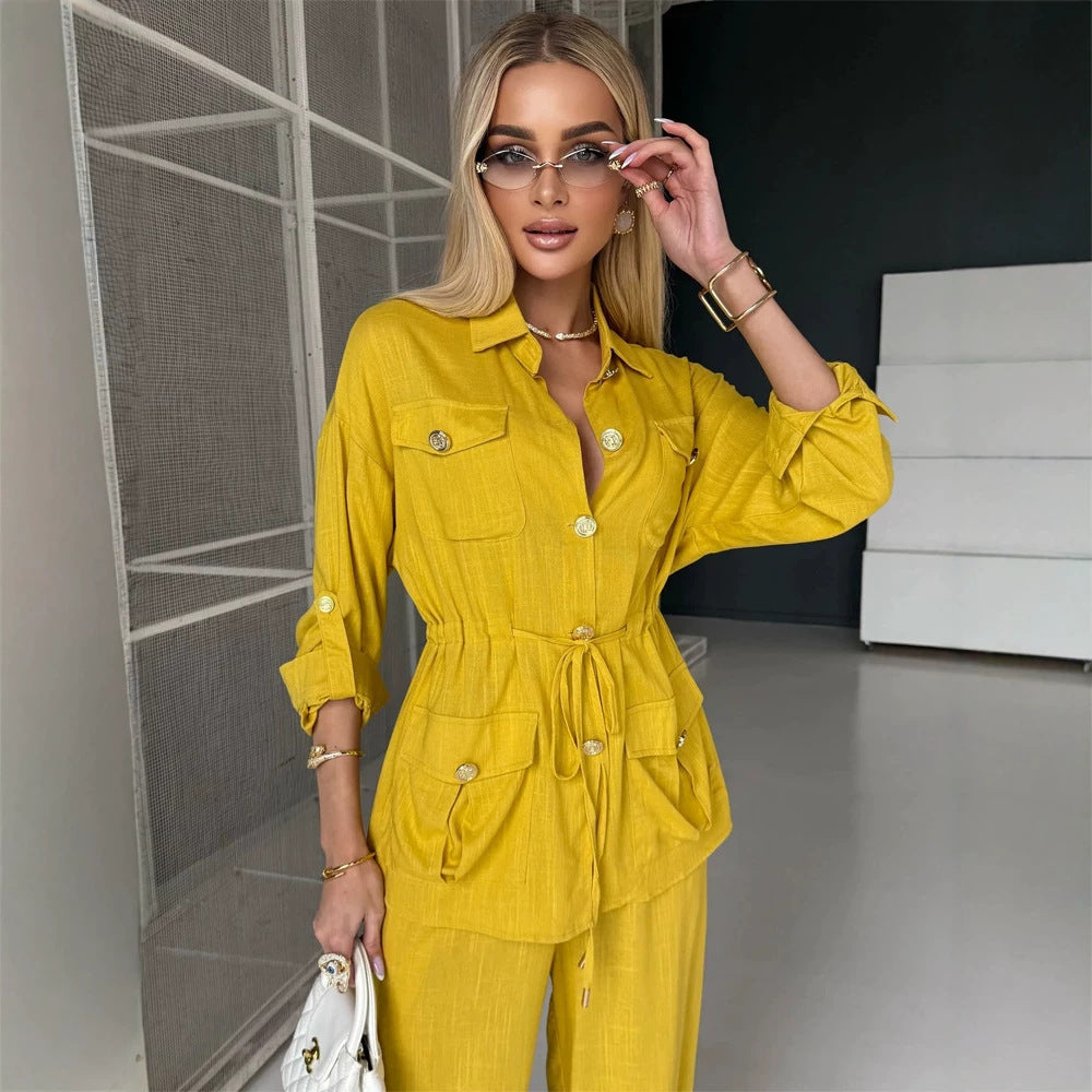 Damen Leinenoptik Utility-Hemdjacke mit Tunnelzugtaillierung und goldenen Zierknöpfen Shop Nory