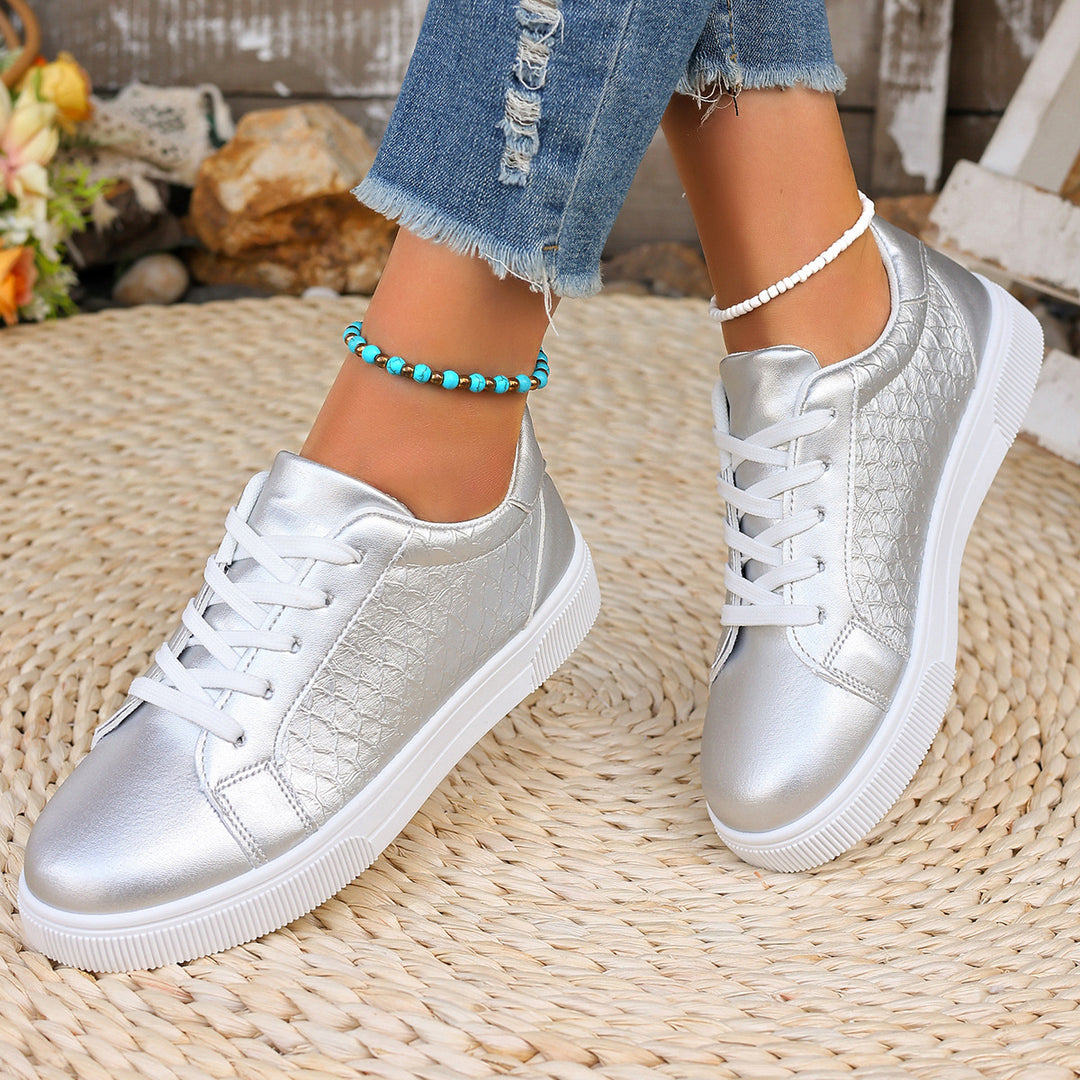 Damen Glänzende Sneaker mit Krokoprägung, gepolstertem Fußbett und rutschfester Profilsohle Shop Nory