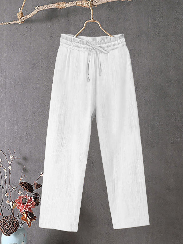 Damen Crinkle Leinenmischung Hose mit elastischem Kordelzug, gerade Beinform und lässiger Passform Shop Nory