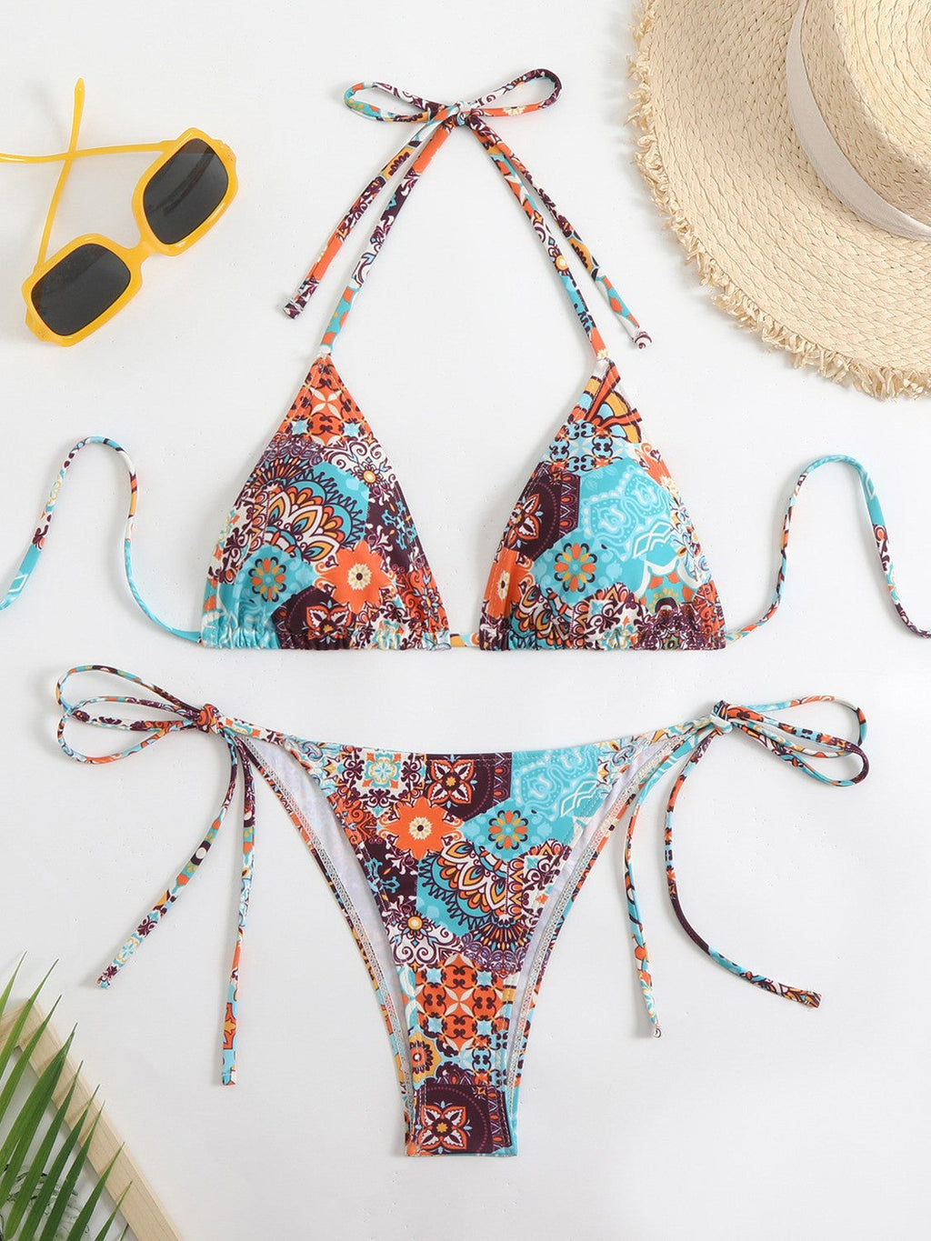 Damen Triangel-Bikini-Set mit verspieltem Blumenmuster und feinen BindShopnoryändern