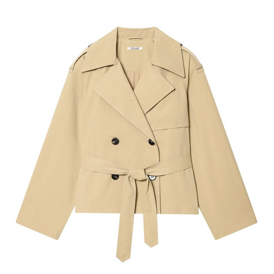 Damen Cropped doppeltreihiger Trenchblazer mit Bindegürtel und Epauletten Shop Nory
