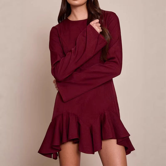 Damen Figurbetontes Langarm-Minikleid mit taillierten Nähten und Volant-Saum Shop Nory
