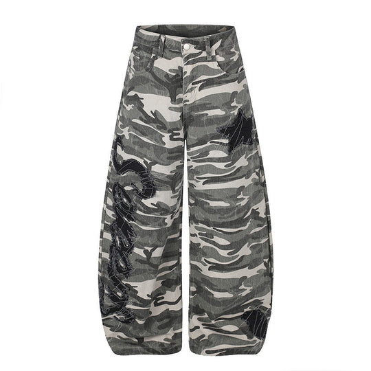 Damen Weite Camouflage‑Palazzo‑Hose mit Ballon‑Saum und dekorativen Stickdetails Shop Nory