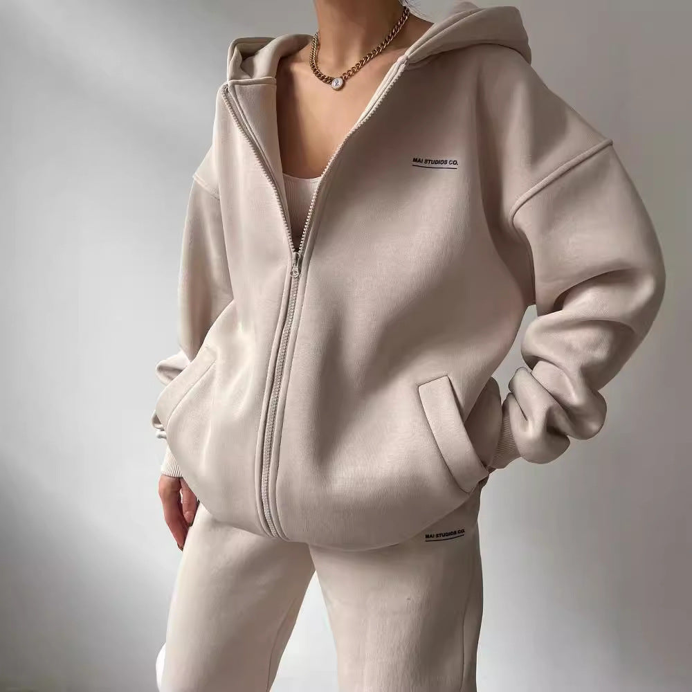 Damen Oversize Kapuzen-Sweatjacke mit Reißverschluss und High-Waist Jogginghose Set Shop Nory