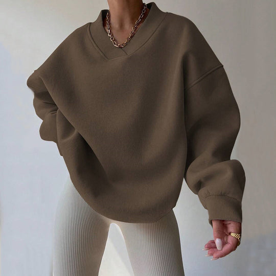 Damen Oversized V-Ausschnitt Sweatshirt mit verstärktem Rippkragen und extraweitem Cut Shop Nory