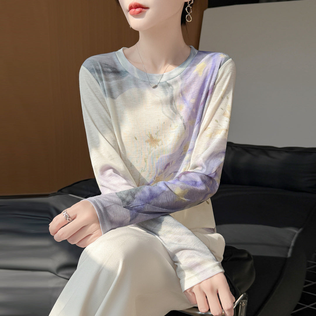 Damen Leichtes Langarmshirt aus Viskose-Mix mit Aquarellprint und Rundhalsausschnitt Shop Nory