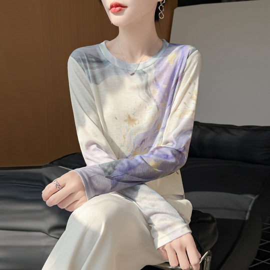 Damen Leichtes Langarmshirt aus Viskose-Mix mit Aquarellprint und Rundhalsausschnitt Shop Nory