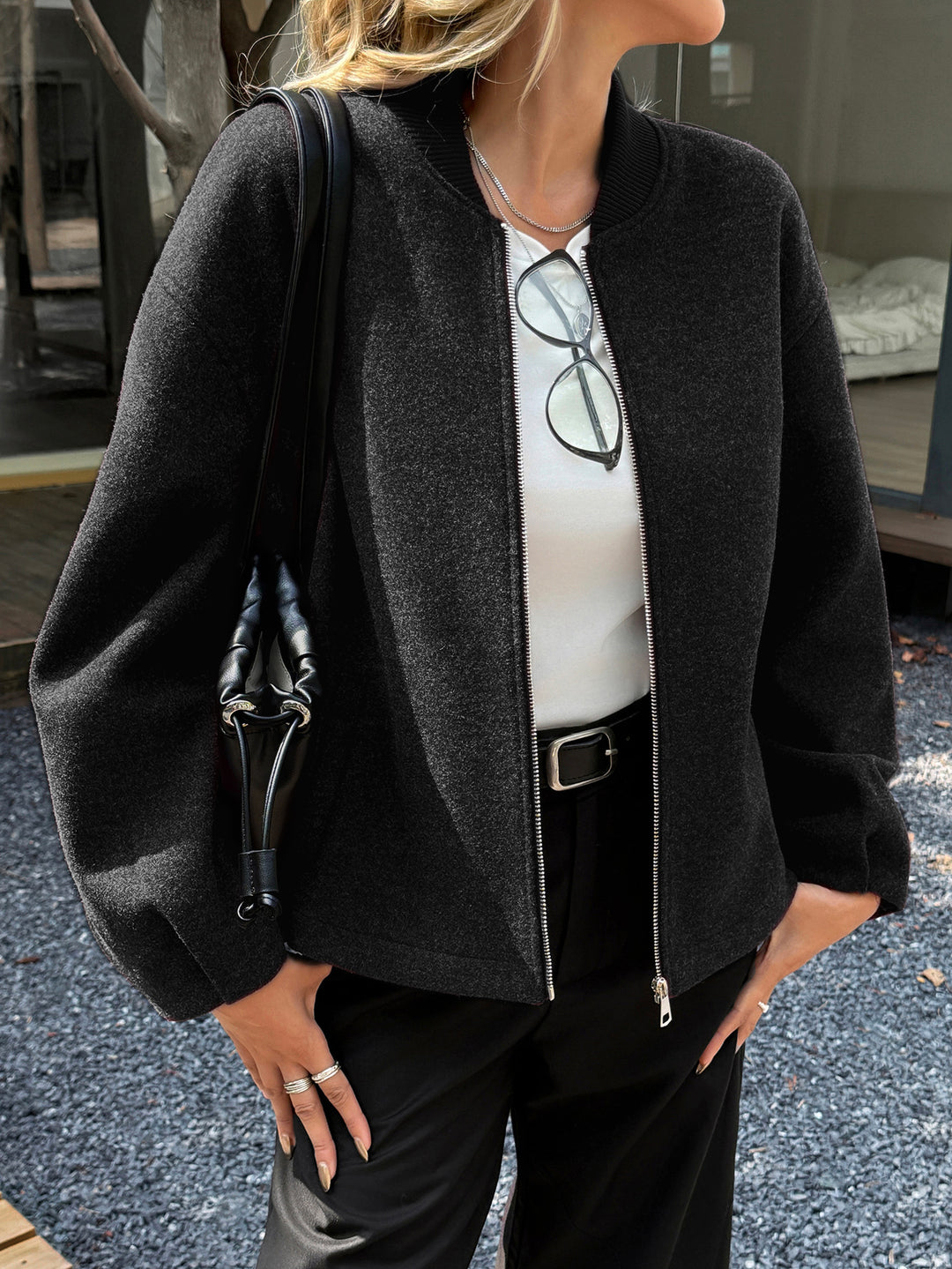 Damen nan leichte Fleece‑Bomberjacke mit Stehkragen, zweiseitigem Reißverschluss und lässiger Oversize‑Passform Shop Nory