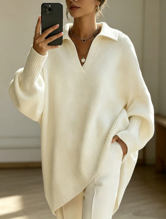 Damen Oversize-Polokragen V-Ausschnitt Strickpullover mit Ballonärmeln Shop Nory