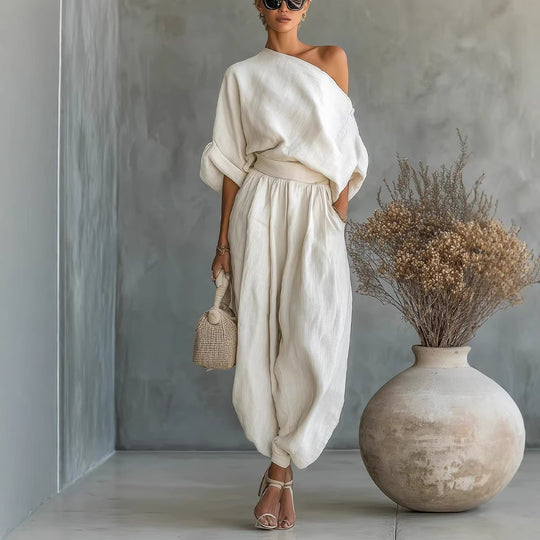 Damen Leinen-Set mit One-Shoulder-Oberteil und weiten Haremshosen Shop Nory