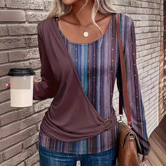 Damen Lagenlook Wickel‑Shirt mit asymmetrischer Drapierung und gestreiftem Unterteil Shop Nory