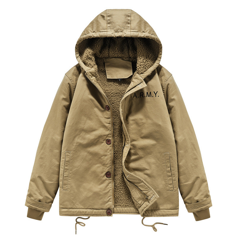 Herren wattierte Kapuzenjacke im Canvas‑Look mit Sherpa‑Futter und Militärprint Shop Nory
