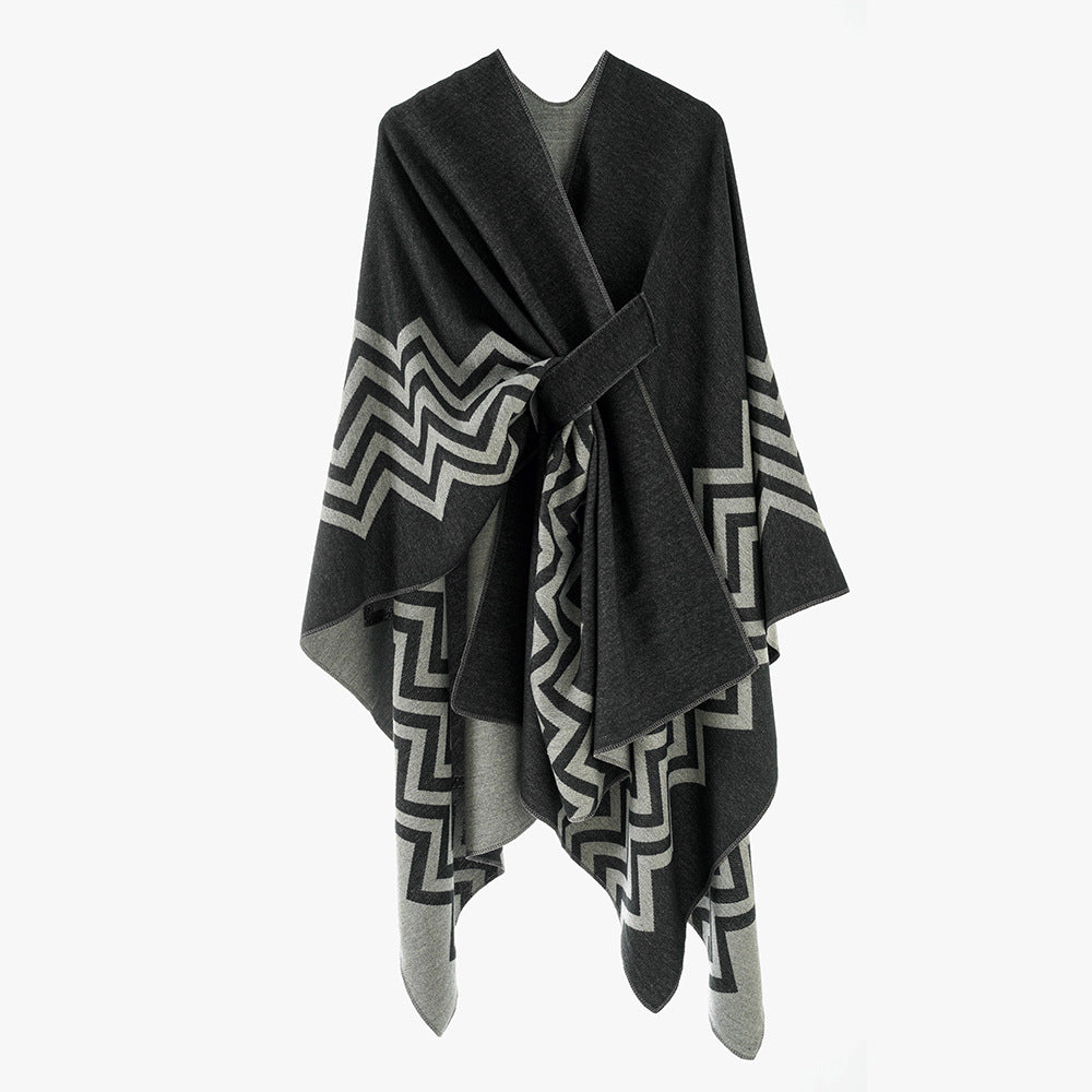 Damen Oversize Rechteck-Cape mit Jacquard-Zickzackmuster und Bindegürtel Shop Nory