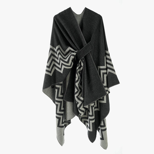 Damen Oversize Rechteck-Cape mit Jacquard-Zickzackmuster und Bindegürtel Shop Nory