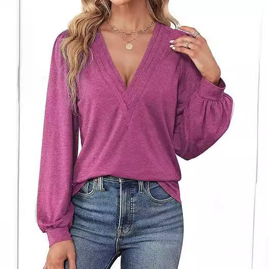 Damen lässiges V-Ausschnitt Shirt mit Puffärmeln und eleganter Raffung Shopnory