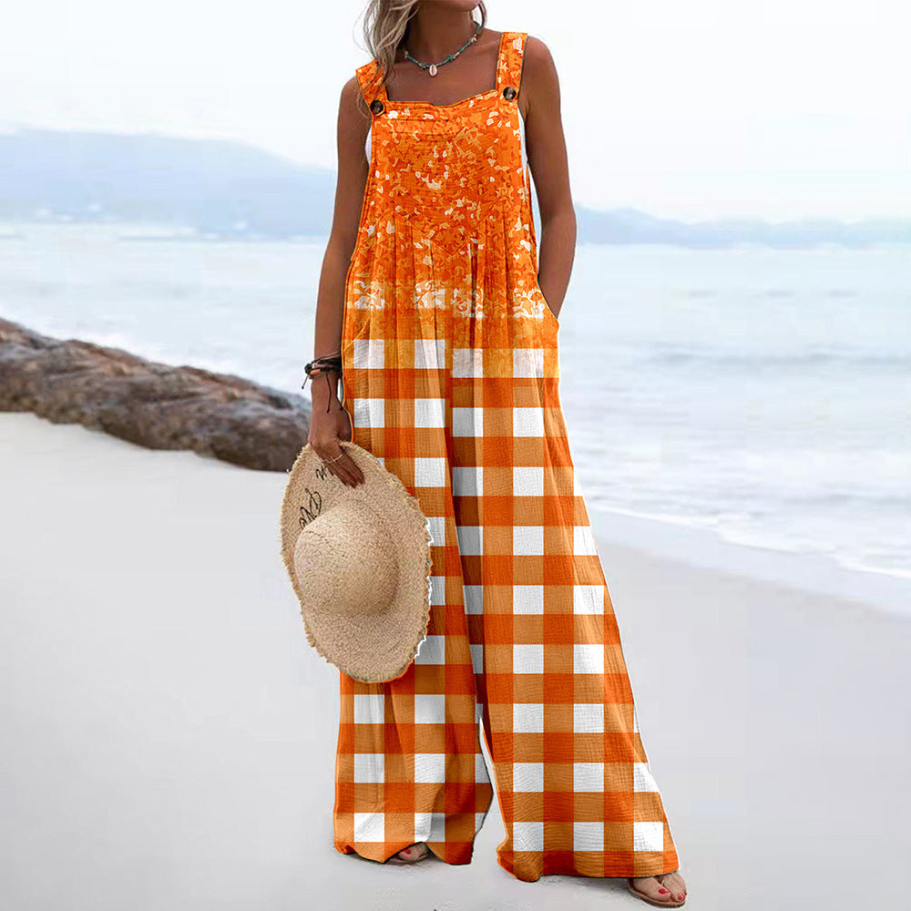 Damen Weit geschnittene Latzhose mit floralem Muster und praktischen Taschen Shopnory