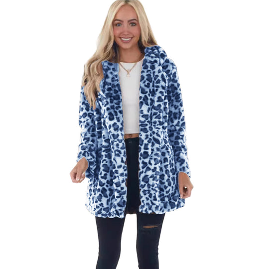 Damen Kunstfell Leopardenmuster Kapuzen Plüsch Mid-Length Mantel Shop Nory