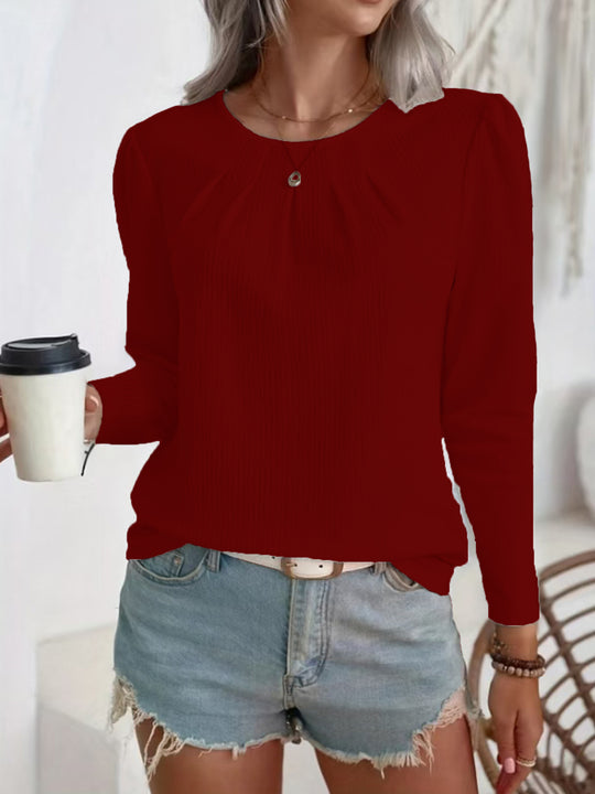 Damen leichte Strukturbluse mit gerafftem Rundhalsausschnitt und langen Ärmeln Shop Nory