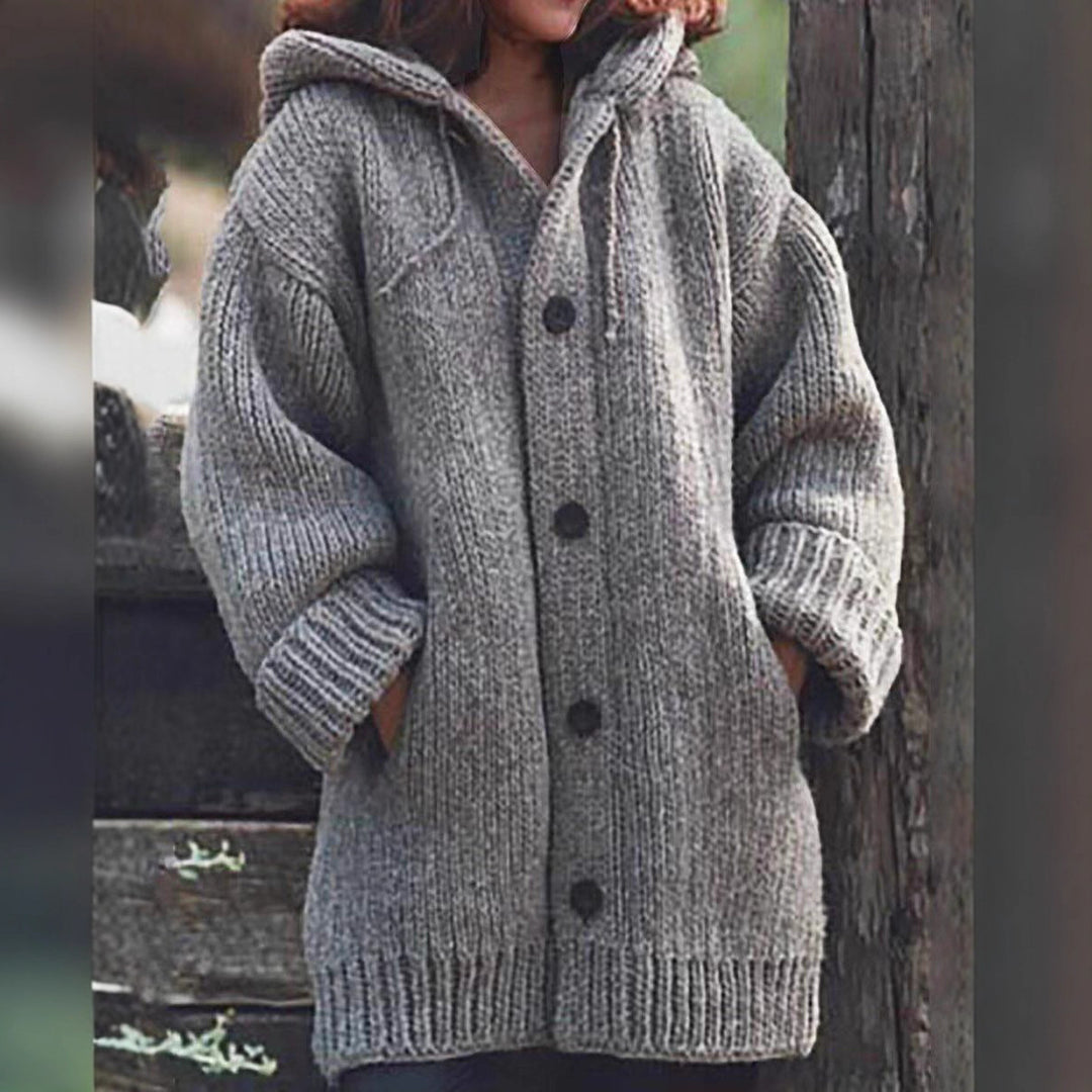 Damen Langgezogener Grobstrick-Mantelcardigan mit Kapuze, überschnittener Schulter und großen Knöpfen Shop Nory