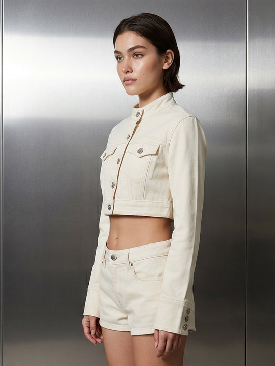 Damen Kurz geschnittene Cropped-Jeansjacke mit Stehkragen, Brustklappen und verlängerten Manschetten Shop Nory