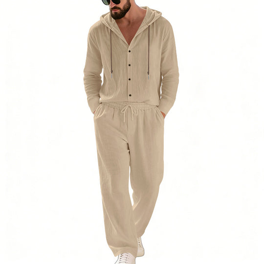 Herren nan legeres Kapuzen-Lounge-Set mit Knopfleiste, Kordelbundhose und seitlichen Eingrifftaschen Shop Nory
