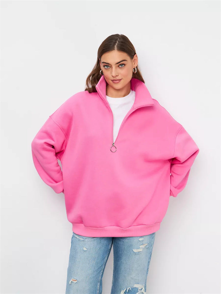 Damen Oversized Halbzip Sweater mit hohem Stehkragen und Rippbündchen Shop Nory