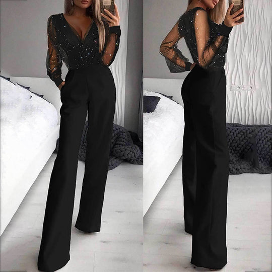 Damen Eleganter Jumpsuit mit transparenten Ärmeln und funkelnden Details