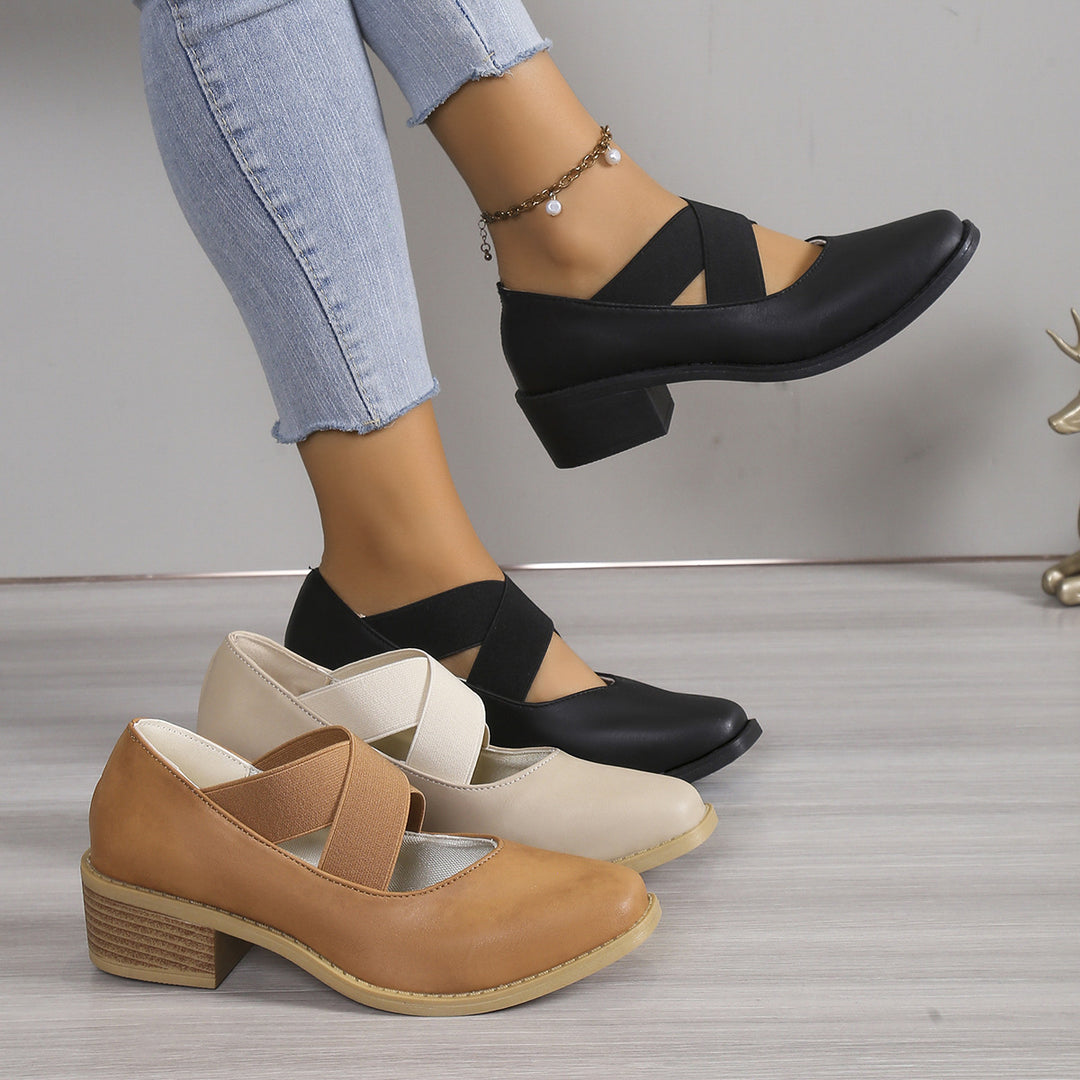 Damen Slipper-Pumps mit kreuzenden Elastikriemen und Blockabsatz Shop Nory