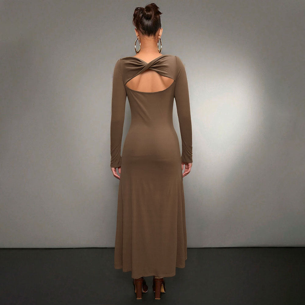 Damen figurbetontes Maxikleid mit U-Boot-Ausschnitt langem Ärmel und schmeichelndem Trompetensaum Shop Nory