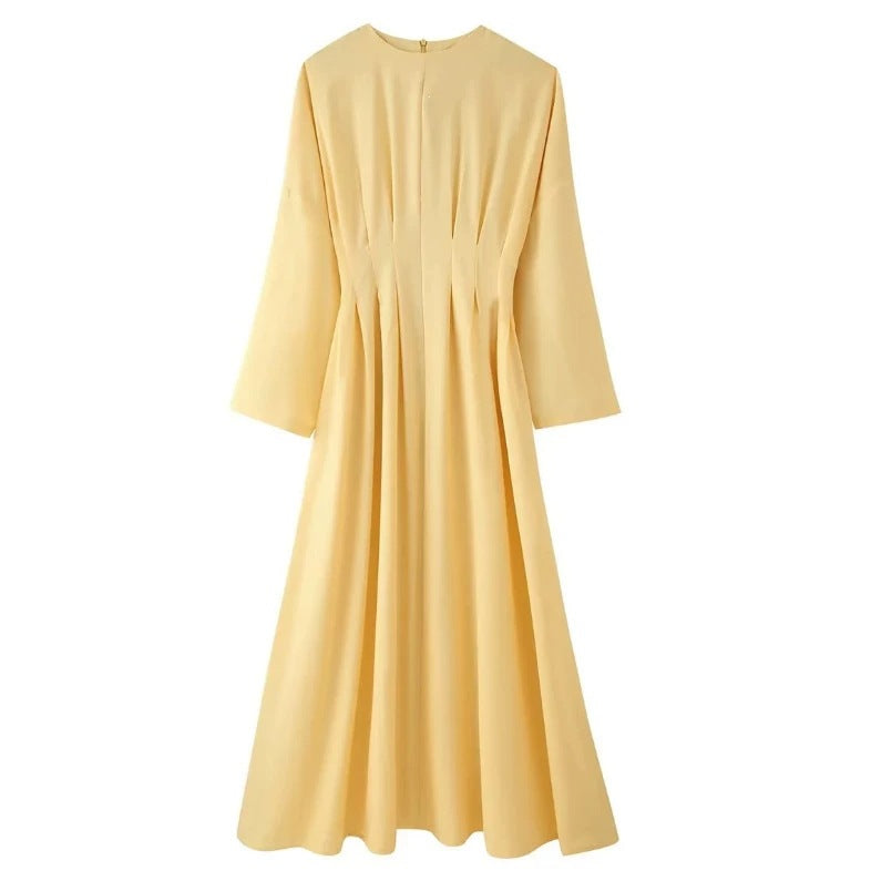 Damen Maxikleid mit plissierten Oberteilfalten, weitem Rock und langen Glockenärmeln Shop Nory
