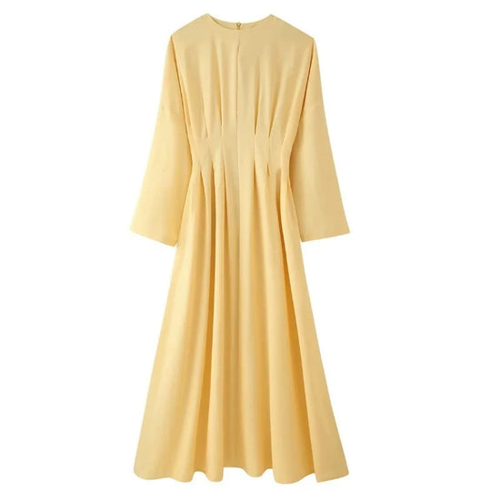 Damen Maxikleid mit plissierten Oberteilfalten, weitem Rock und langen Glockenärmeln Shop Nory
